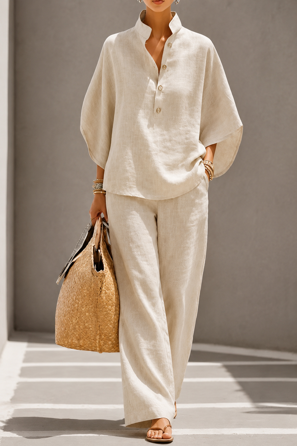 Maribel™ | Completo in lino con maniche a pipistrello e pantaloni larghi