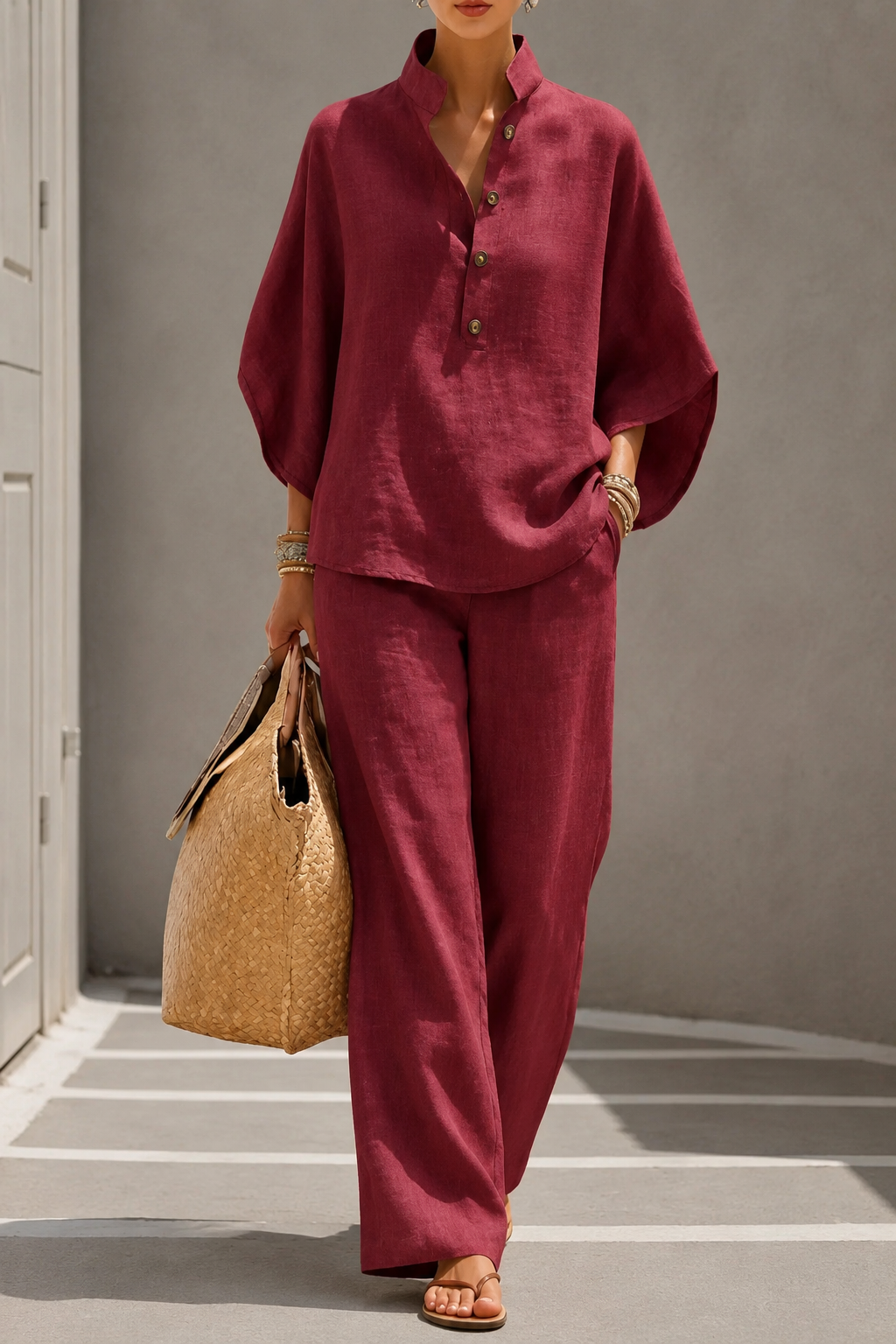 Maribel™ | Completo in lino con maniche a pipistrello e pantaloni larghi
