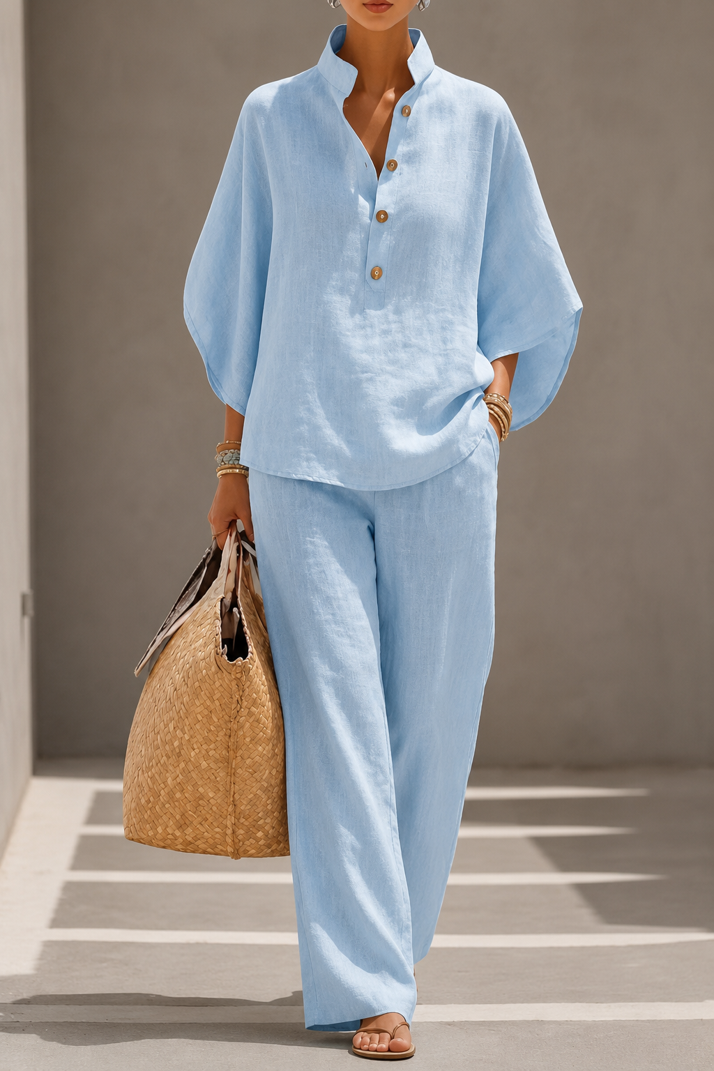 Maribel™ | Completo in lino con maniche a pipistrello e pantaloni larghi