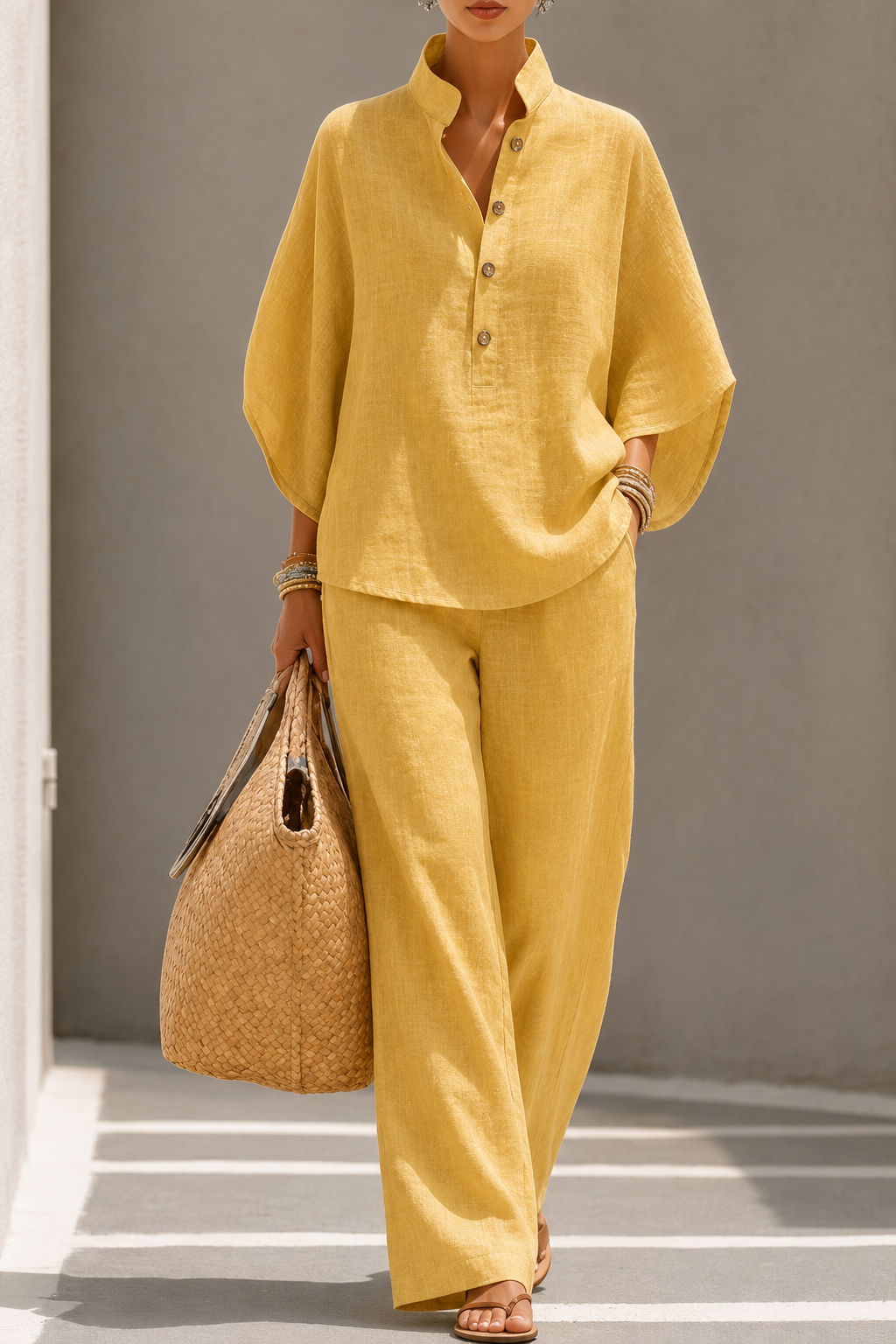 Maribel™ | Completo in lino con maniche a pipistrello e pantaloni larghi
