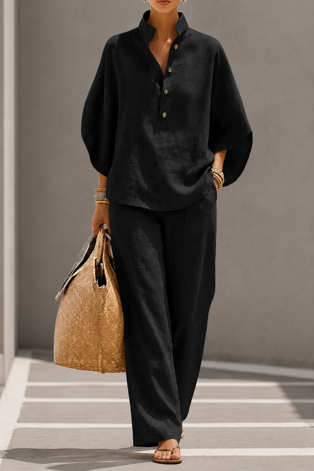 Maribel™ | Completo in lino con maniche a pipistrello e pantaloni larghi
