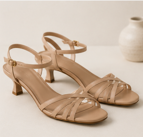 Marona | Sandali patchwork con punta rotonda e tacco sottile